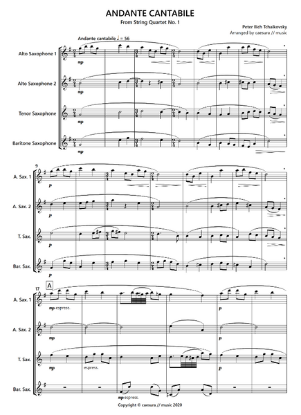 Tchaikovsky Andante Cantabile For Saxophone Quartet